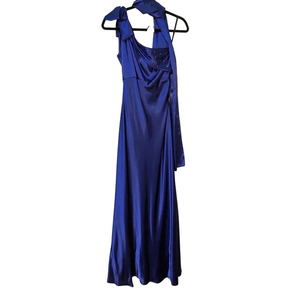 Vintage Let's Blue Satin Rhinestone One Shoulder Gala Prom Maxi Dress XS 3793